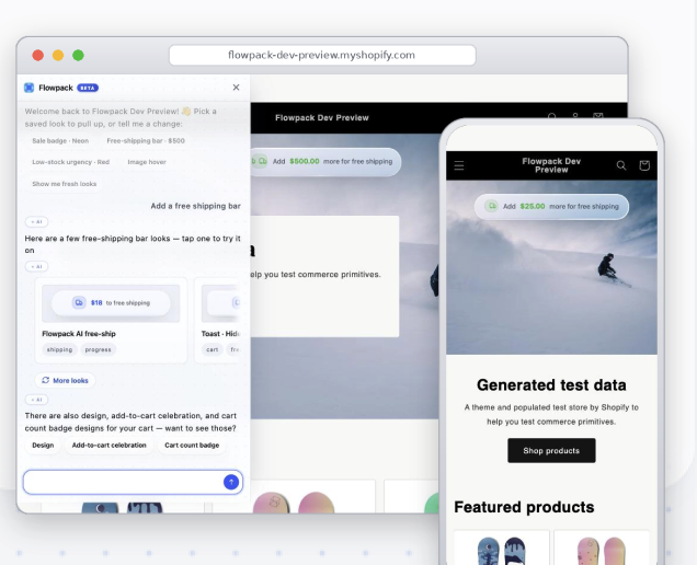 One chat message in the Flowpack studio applying a free-shipping bar live on a Shopify theme, shown on desktop and mobile