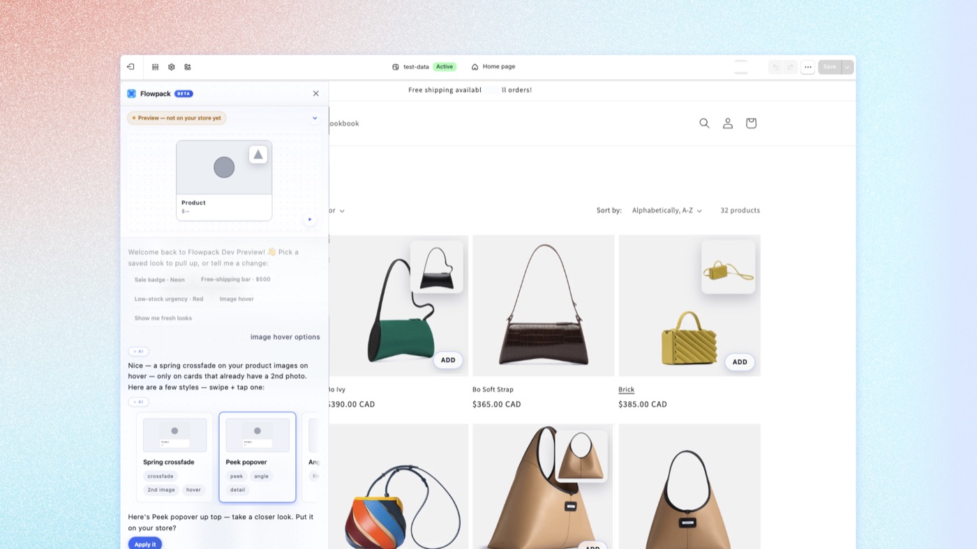 An image-hover reveal previewed on a live bag store's product cards