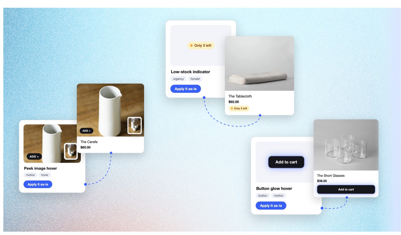 Look previews connected to the live products they style, each with an Apply-it-as-is button