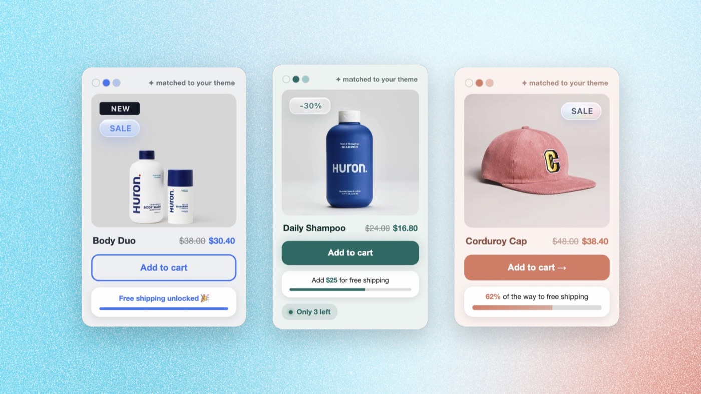 The same product card matched to three different store themes — blue, green and terracotta