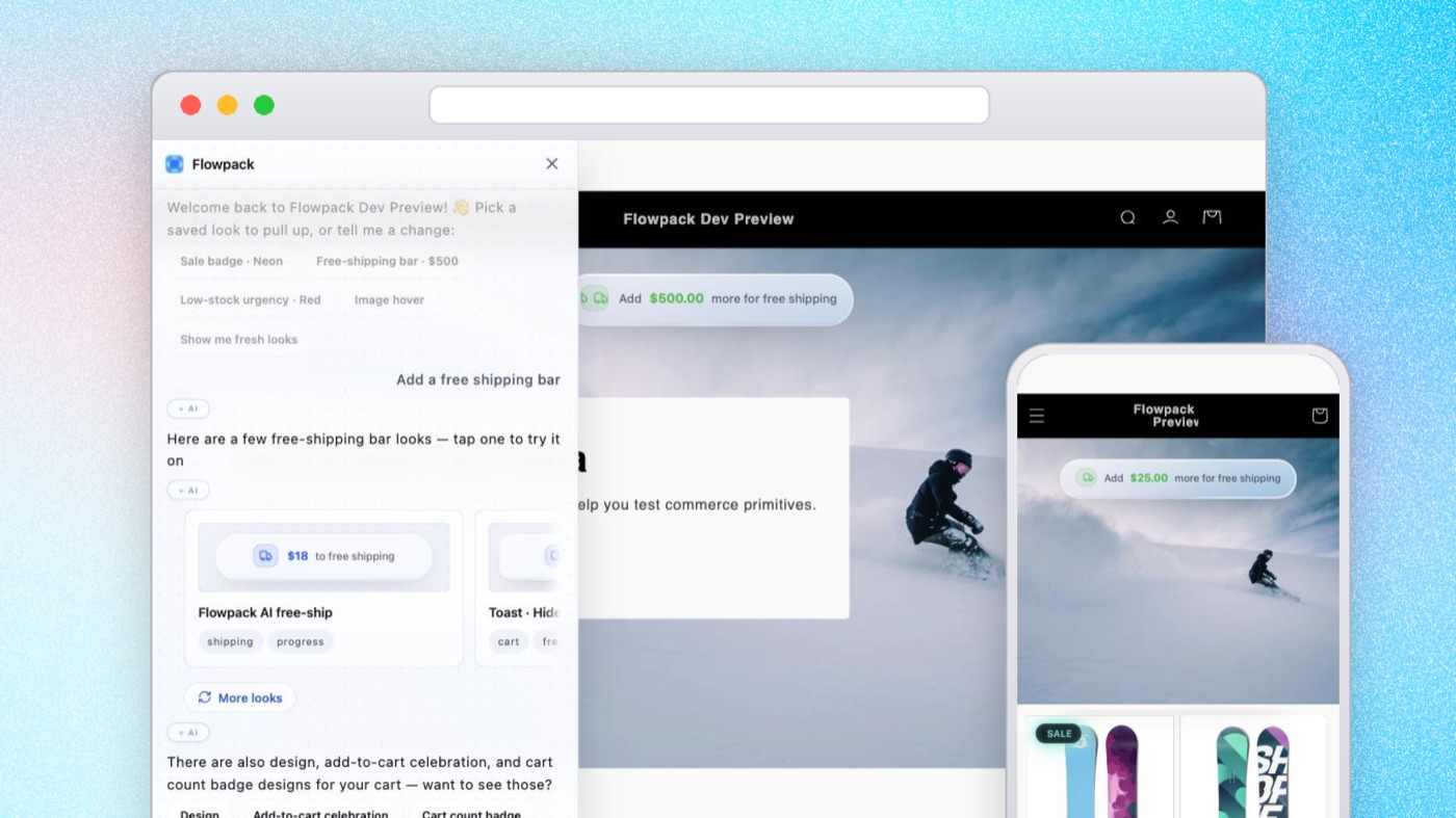 The same live free-shipping bar and product cards shown on desktop and on mobile