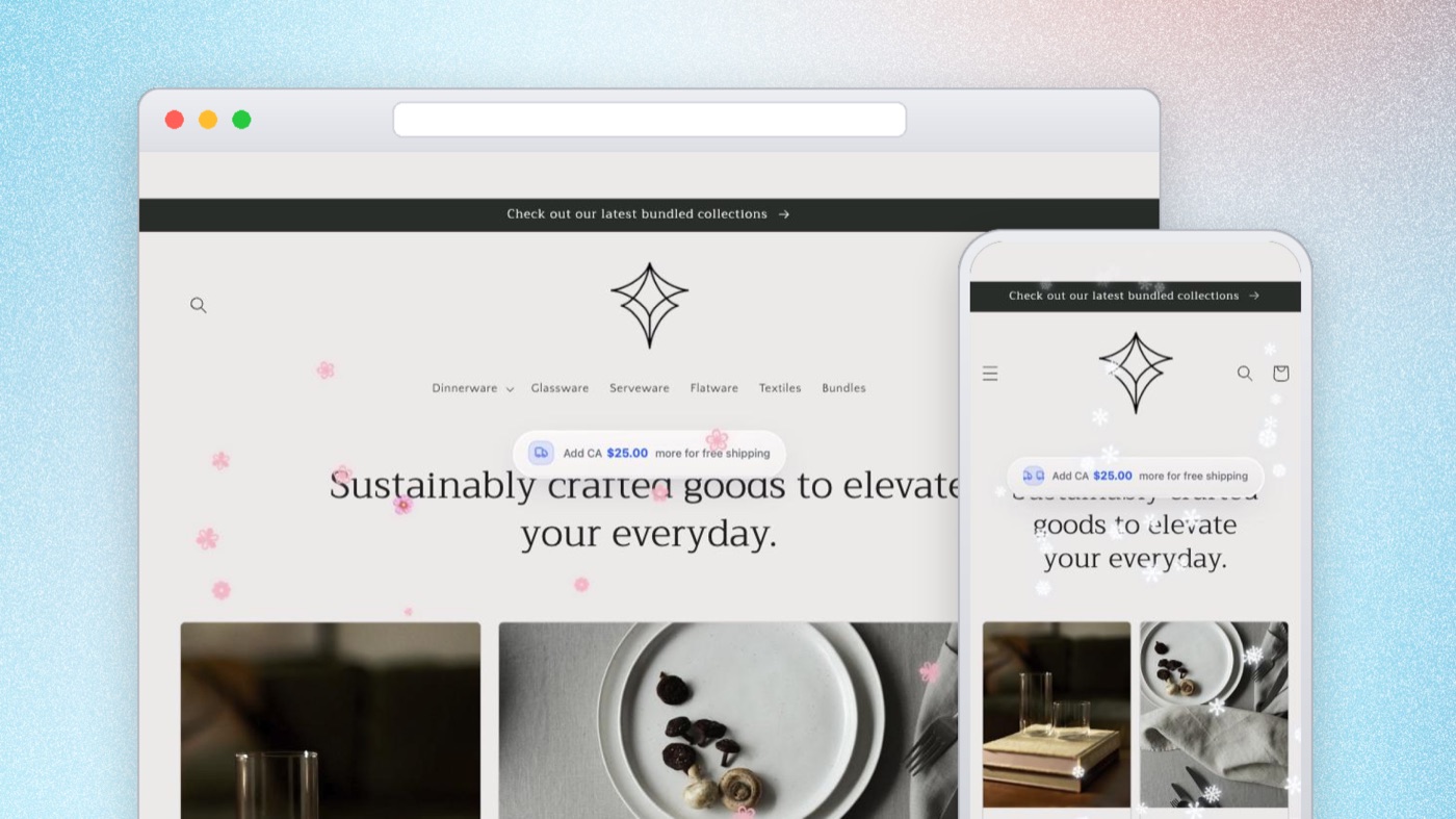 A seasonal petal and snow overlay drifting across a live storefront on desktop and mobile